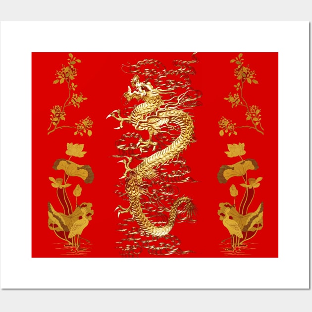 GOLD DRAGON IN RED,Egret,Lotus,Green Gold Floral Wall Art by BulganLumini